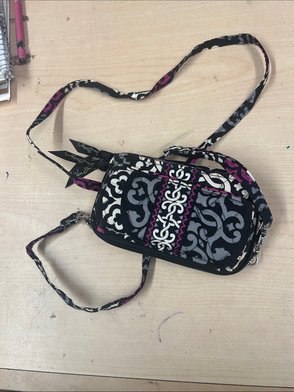 Vera Bradley Black, Gray & Pink Scroll Pattern Crossbody
